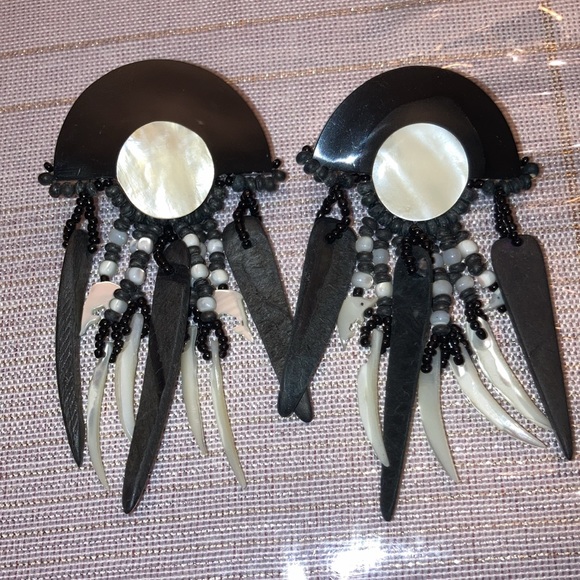 Jewelry - Bohemian Black and white MOP+Wood Statement EARRINGS